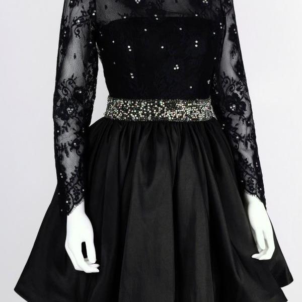 Back Lace Long Sleeve Rhinestone Cocktail Party Dress, Black Short Prom